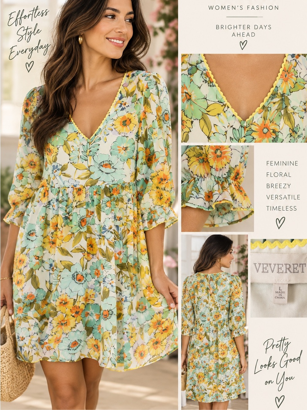 Veveret Floral Babydoll Dress Large Mint Yellow V-Neck